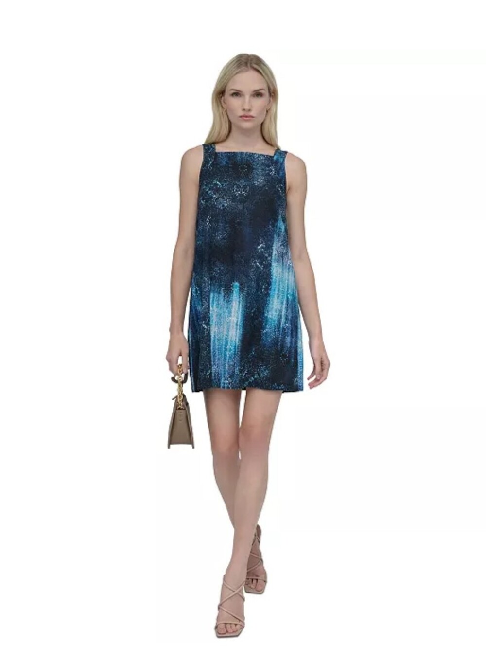 DKNY Blue Printed Shift Dress Size 4P Sleeveless Knee Length Bow NWT $138